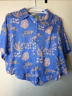 Honeydew Blue Leopard Tropical Print Matching Set XL Lounge Pajama Set